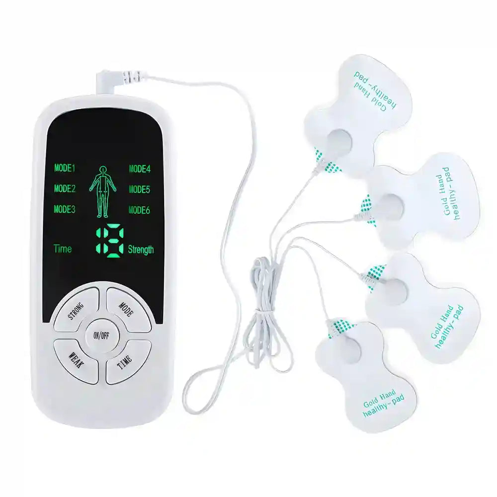 TENS pulse massager with a white handheld digital display unit and four white adhesive electrode pads for pain relief.