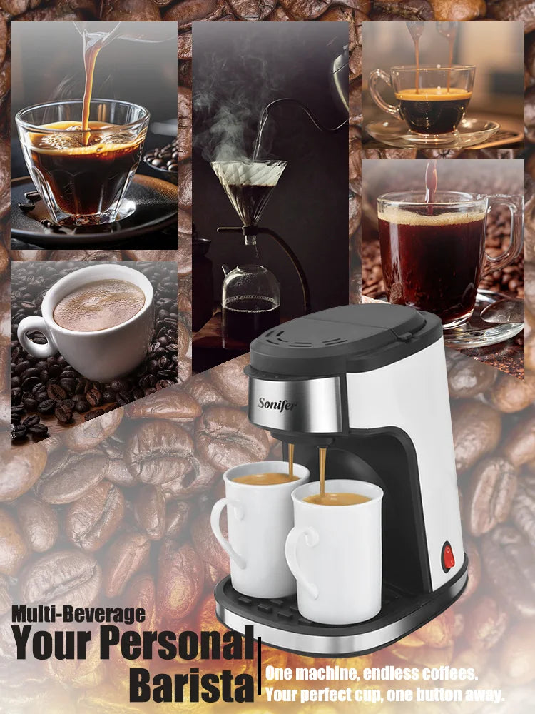 Sonifer dual-cup drip coffee maker, white and stainless steel compact machine brewing into two ceramic mugs.