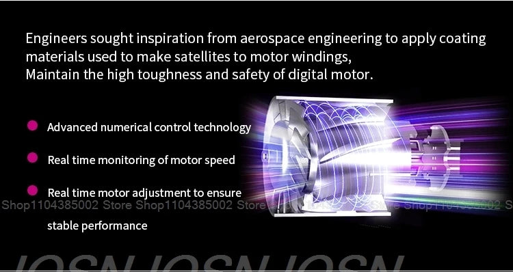 Powerful leafless hair dryer motor with aerospace-grade tech for constant, stable performance and fast, ionic drying.