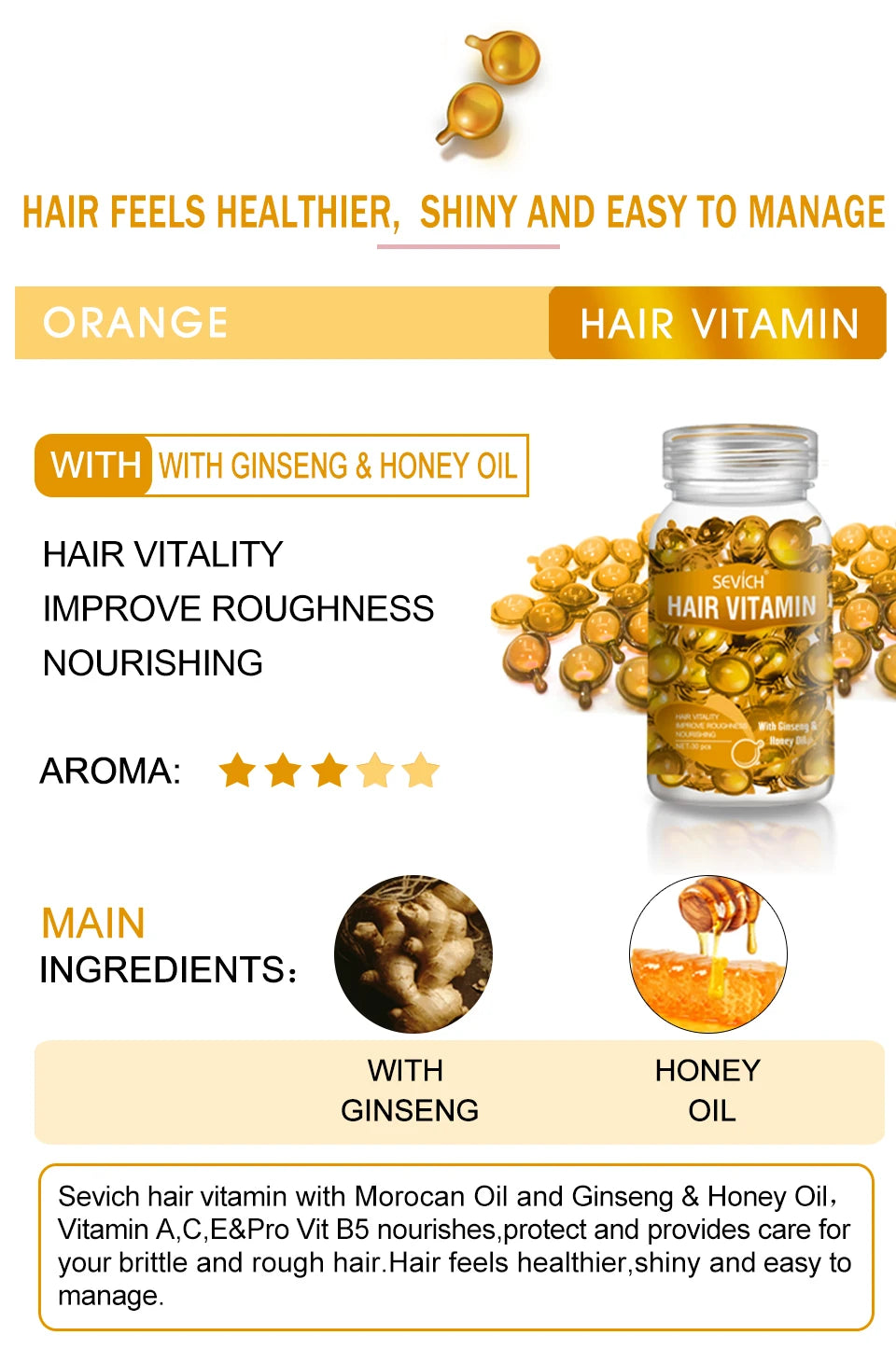Sevich 30pc Keratin Hair Vitamin Capsules with Ginseng & Honey Oil for Nourishing, Repairing, and Shiny Hair.