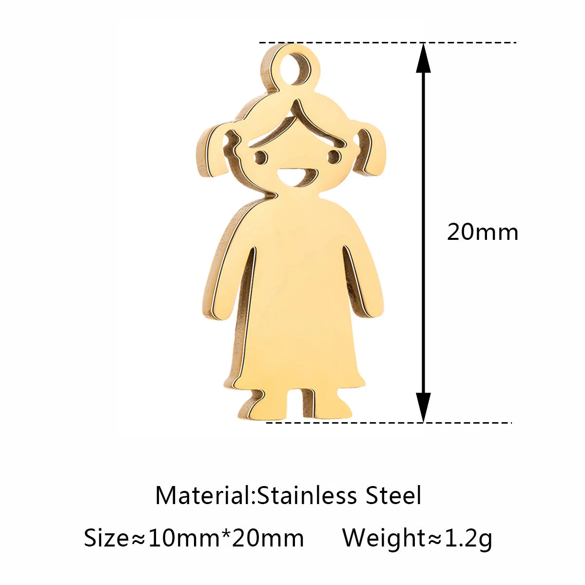 Gold-tone stainless steel girl silhouette pendant charm, 20mm, ideal for DIY jewelry making like necklaces and bracelets.