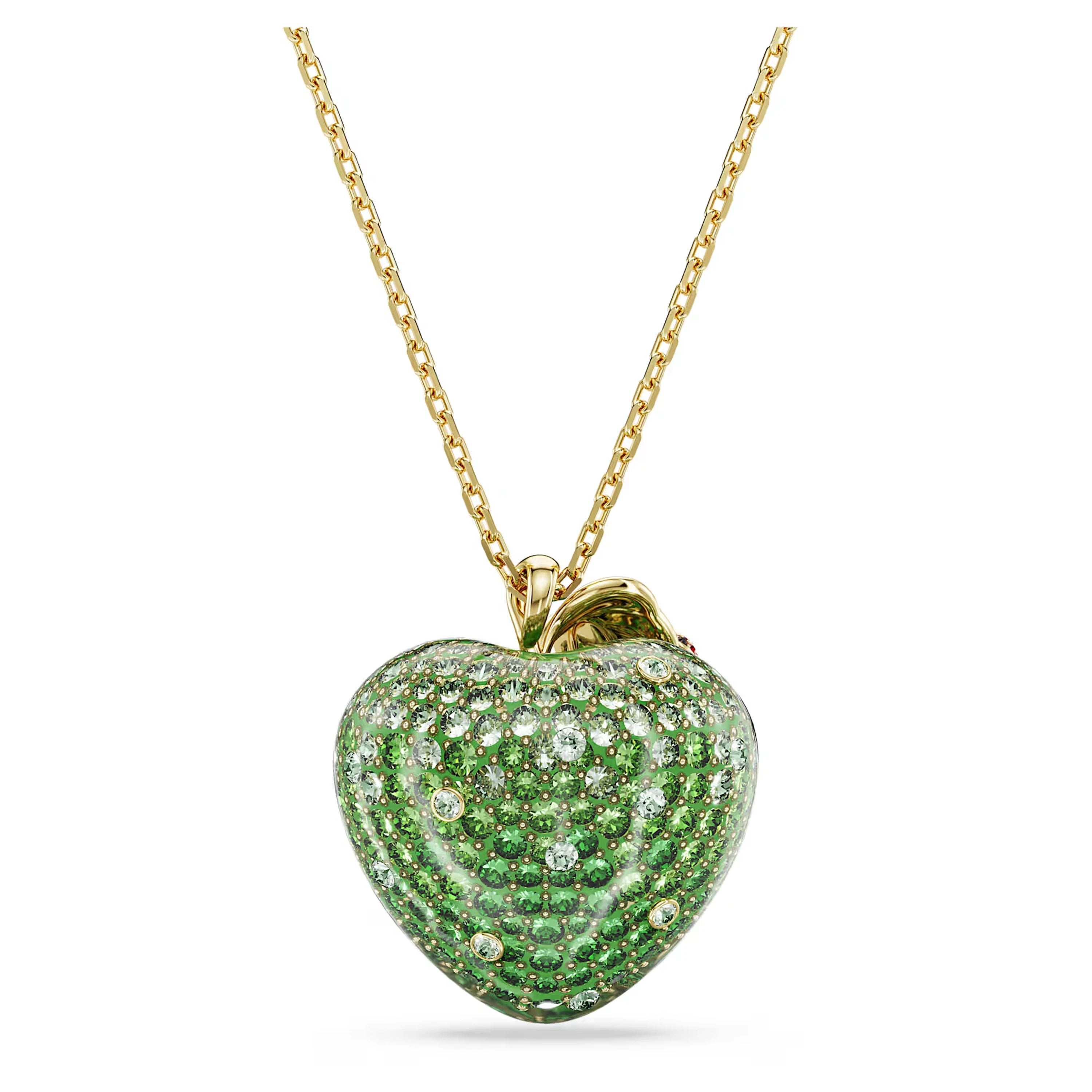 Green Crystal Apple Pendant Necklace with Gold Plated Chain and Ladybug Detail for Women