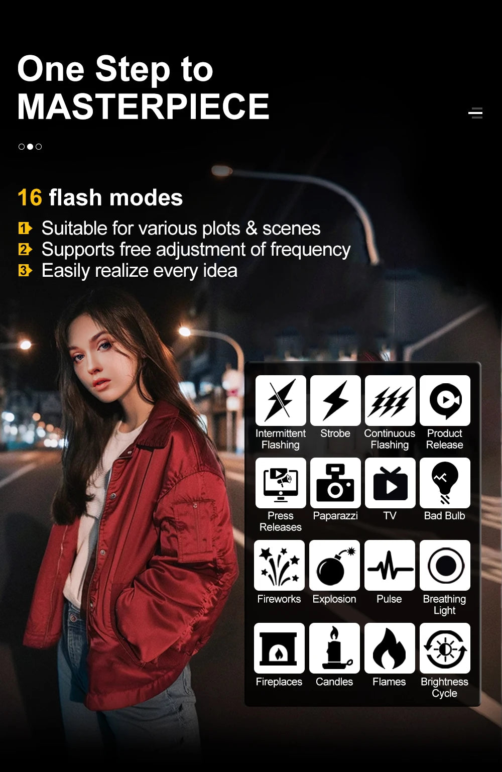 A list of 16 adjustable LED lighting flash modes including strobe, fire, and pulse effects for photography and video.