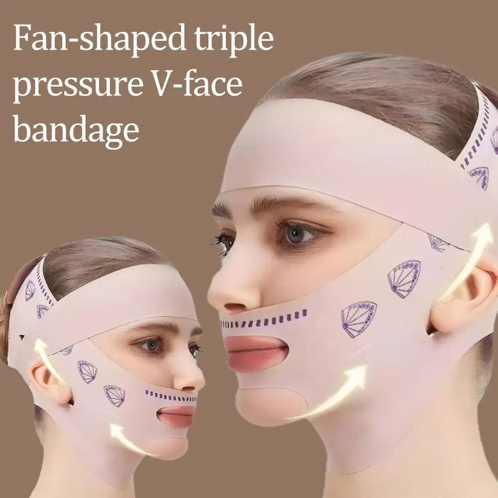 A model wearing a light pink, reusable V-face sculpting mask with purple fan-shaped patterns.