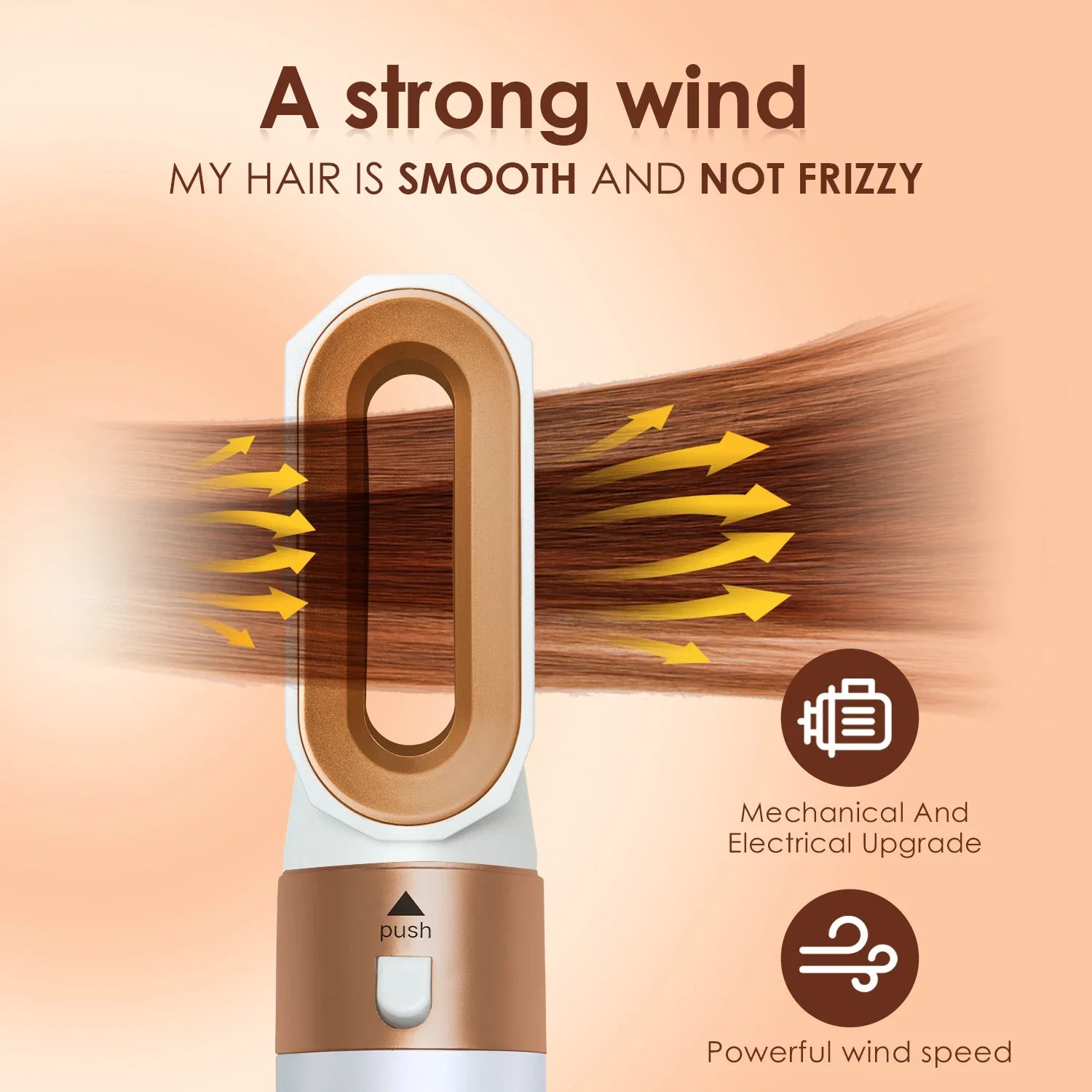 White and gold 6-in-1 hair dryer brush with powerful airflow for smooth, frizz-free styling.