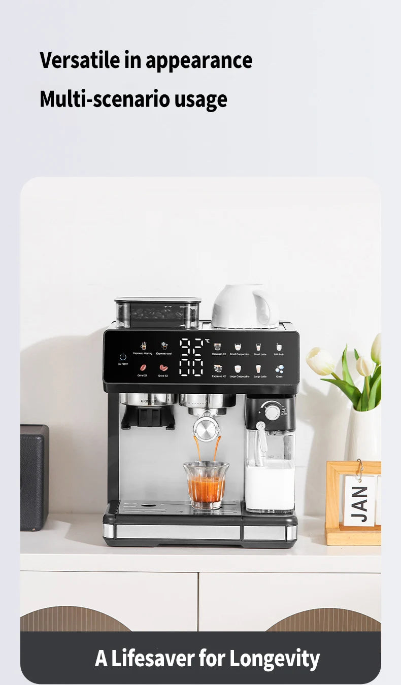 Black espresso machine with built-in grinder, milk frother, and digital display brewing coffee into a glass cup.
