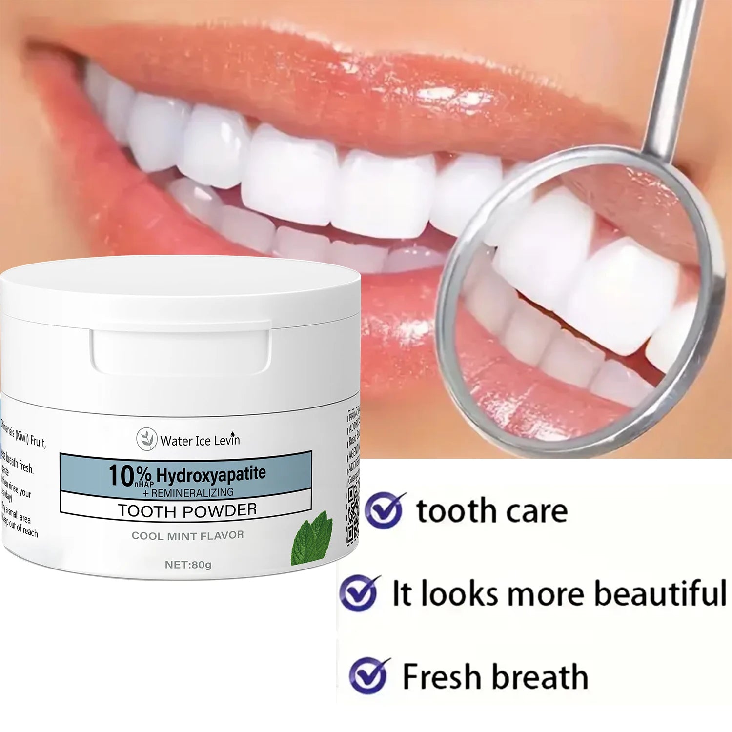 Tidesmit 10% Hydroxyapatite Tooth Powder with Hyaluronic Acid for natural teeth whitening and fresh mint breath.