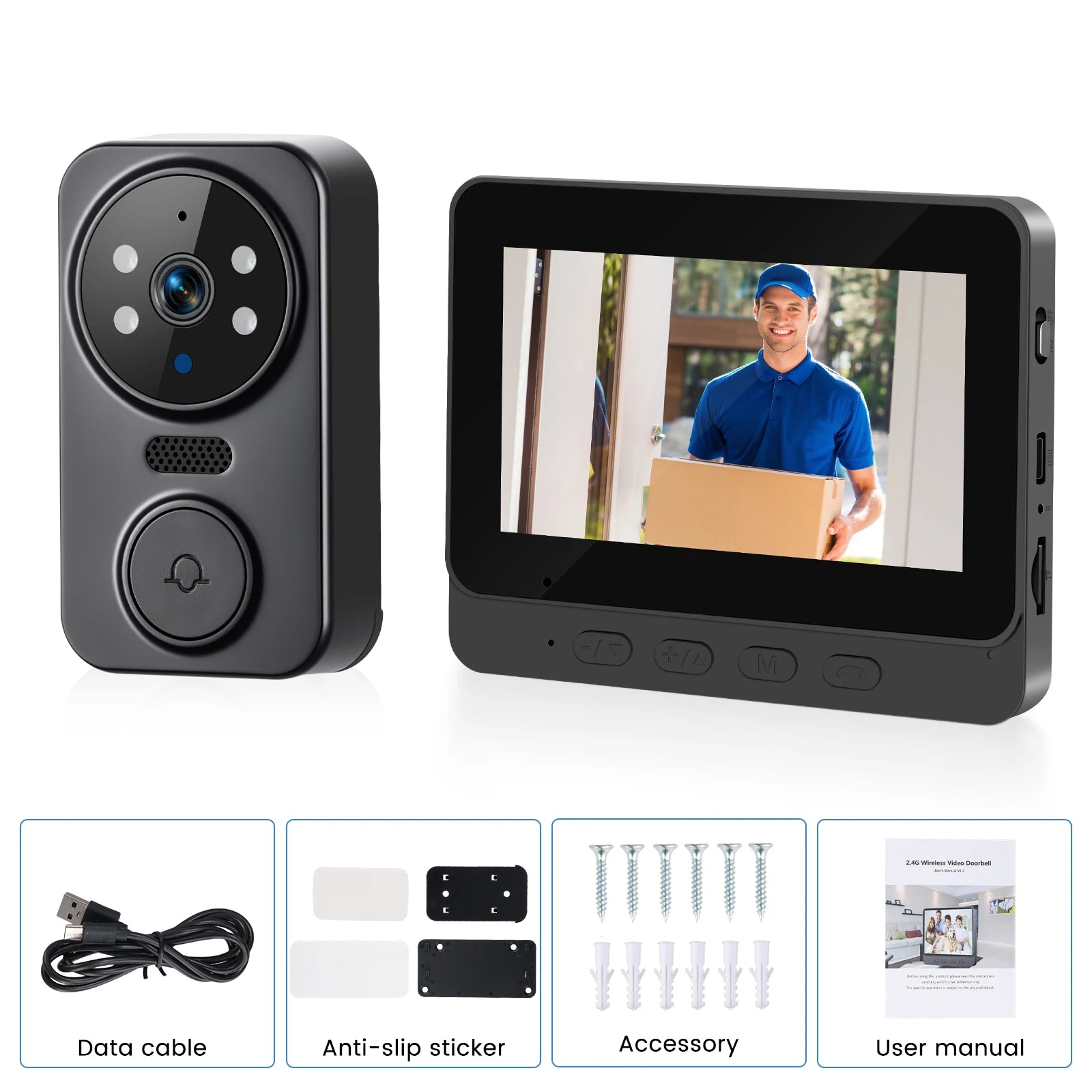 Podofo 4.3inch IPS Screen Wireless Doorbell Night Vision Intercom Video Monitor Video Two-way Intercom Doorbell Ring Door Camera