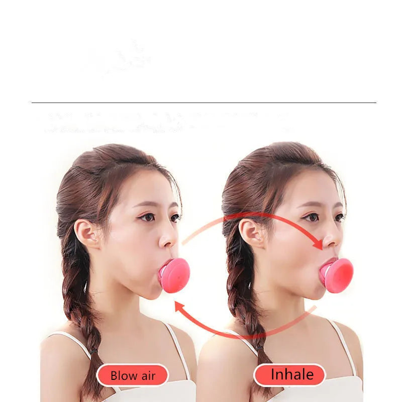 A woman using a round, pink silicone facial exercise tool to practice blowing and inhaling for face lifting.