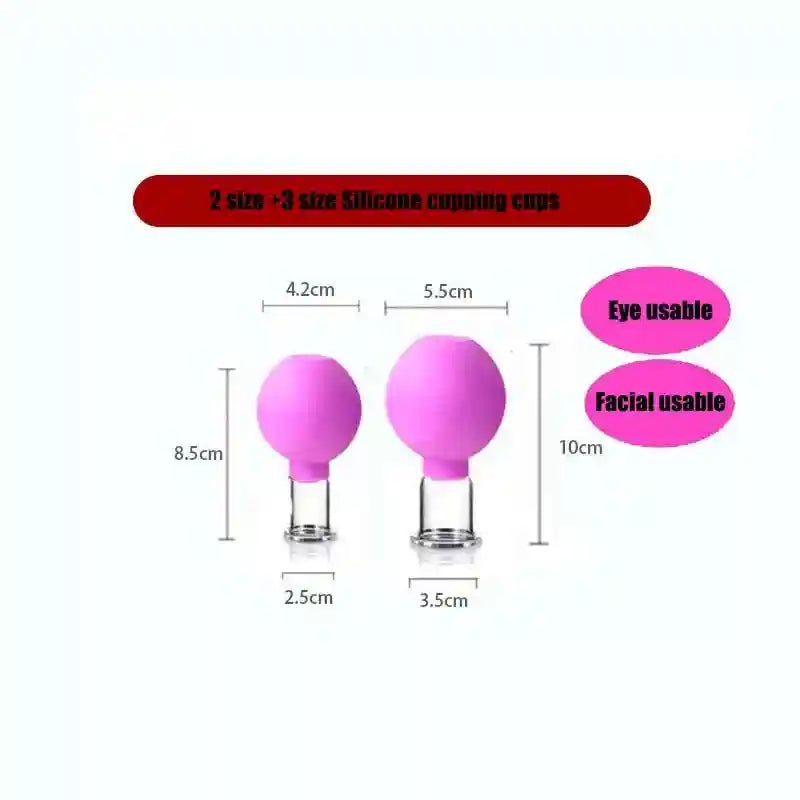 Two purple silicone face cupping sets with clear glass bases, shown with dimension labels for eye and facial use.
