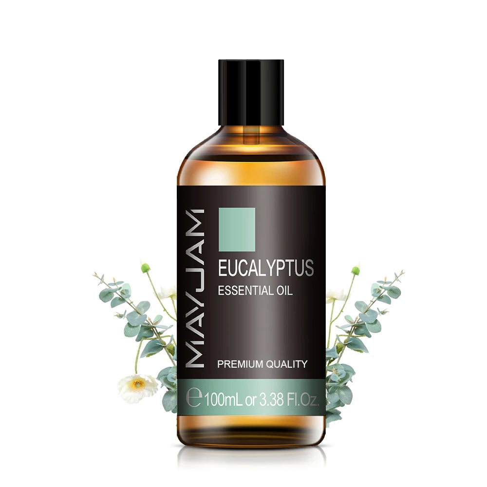 100 ml essential oil bottle, Eucalyptus scent, amber glass with black cap