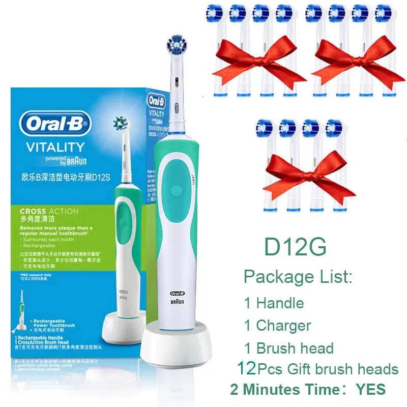 Electric toothbrush set, white handle with green detail, charger and 12 gift brush heads