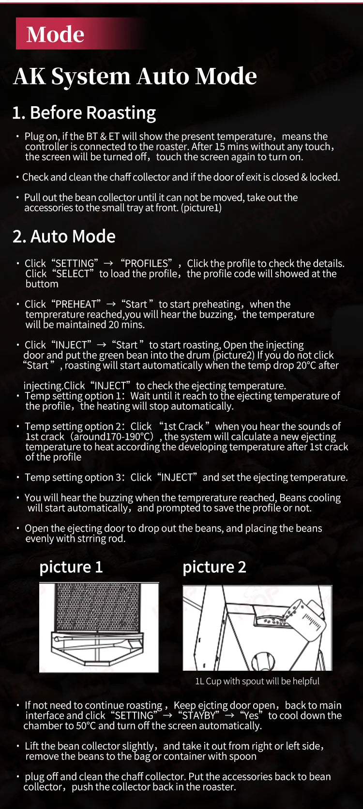 ITOP AK System coffee bean roaster operation guide showing auto mode, chaff collector, and bean injection diagrams.