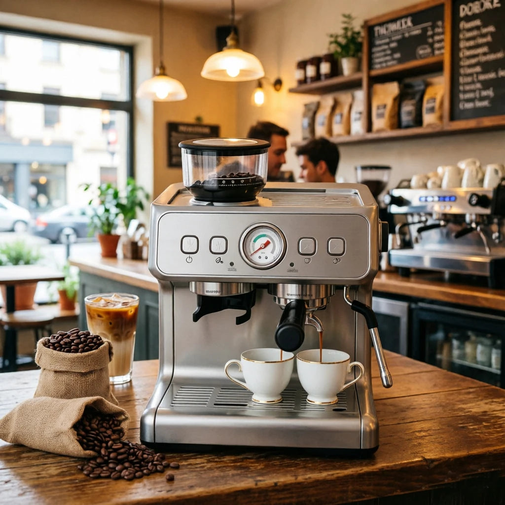 Silver stainless steel espresso machine brewing two cups of coffee with a pressure gauge in a cafe setting.
