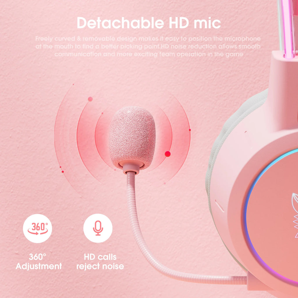 Pink Gaming Headphones with Cat Ears, RGB Mic, and Low Latency Audio Tidesmit