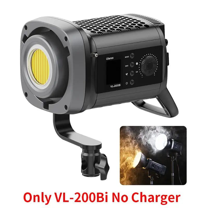 VL-200Bi LED studio light in black with adjustable mount, digital display, and circular yellow COB light source.