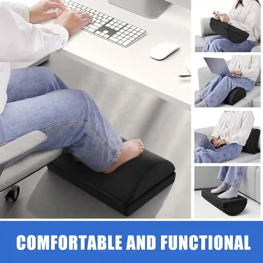 Adjustable black memory foam under desk foot rest for office and gaming chair to relieve back and hip pain.