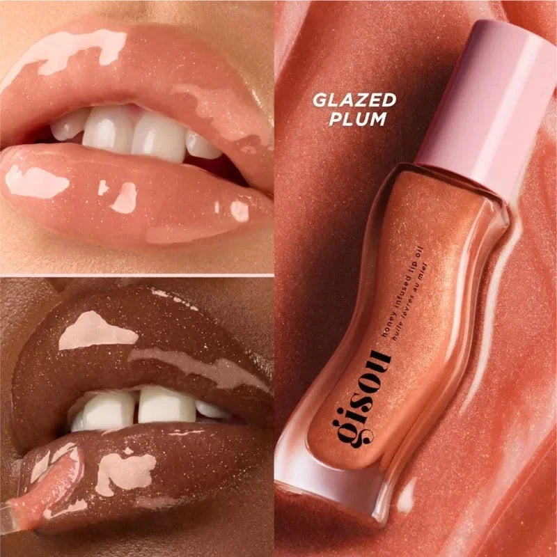 Gisou Honey Infused Lip Oil in Glazed Plum: glossy, shimmering plum-toned lip care for a hydrated, plumped finish.
