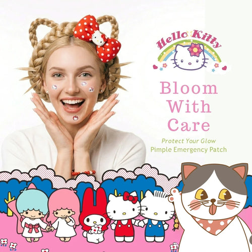 Facial pimple patch on cheeks with Hello Kitty themed skincare graphic for emergency use