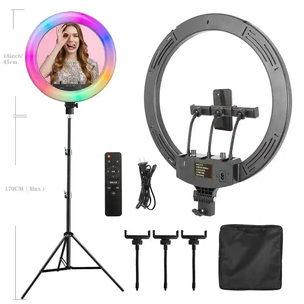 18 Inch RGB LED Ring Light with Tripod - Dimmable Studio Lighting SH-HXD-18RGB-06 Tidesmit