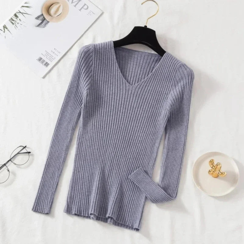 2026 Casual Long Sleeve Knitted V Neck Pullover Autumn Winter Women Sweaters Femme Basic Solid Jersey Tops Fashion Clothes
