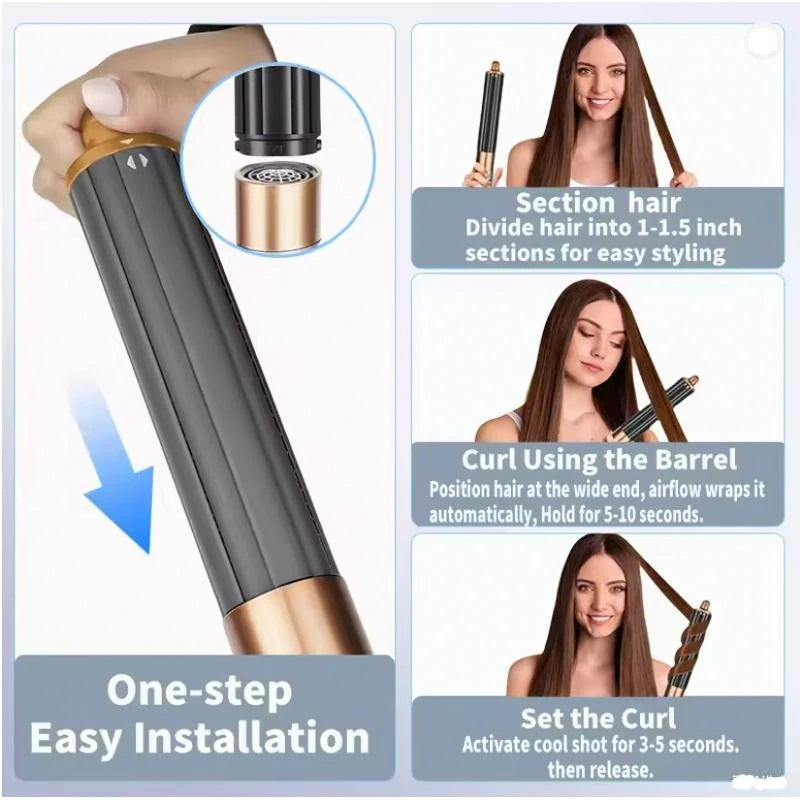 6-in-1 gold and grey hair styler showing air-wrap curling iron barrel installation and hair styling tutorial steps.
