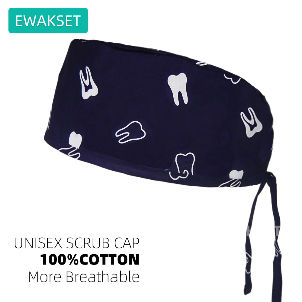 Adjustable navy blue dental print cotton scrub cap for vets, nurses, and medical pros with a sweatband for comfort.