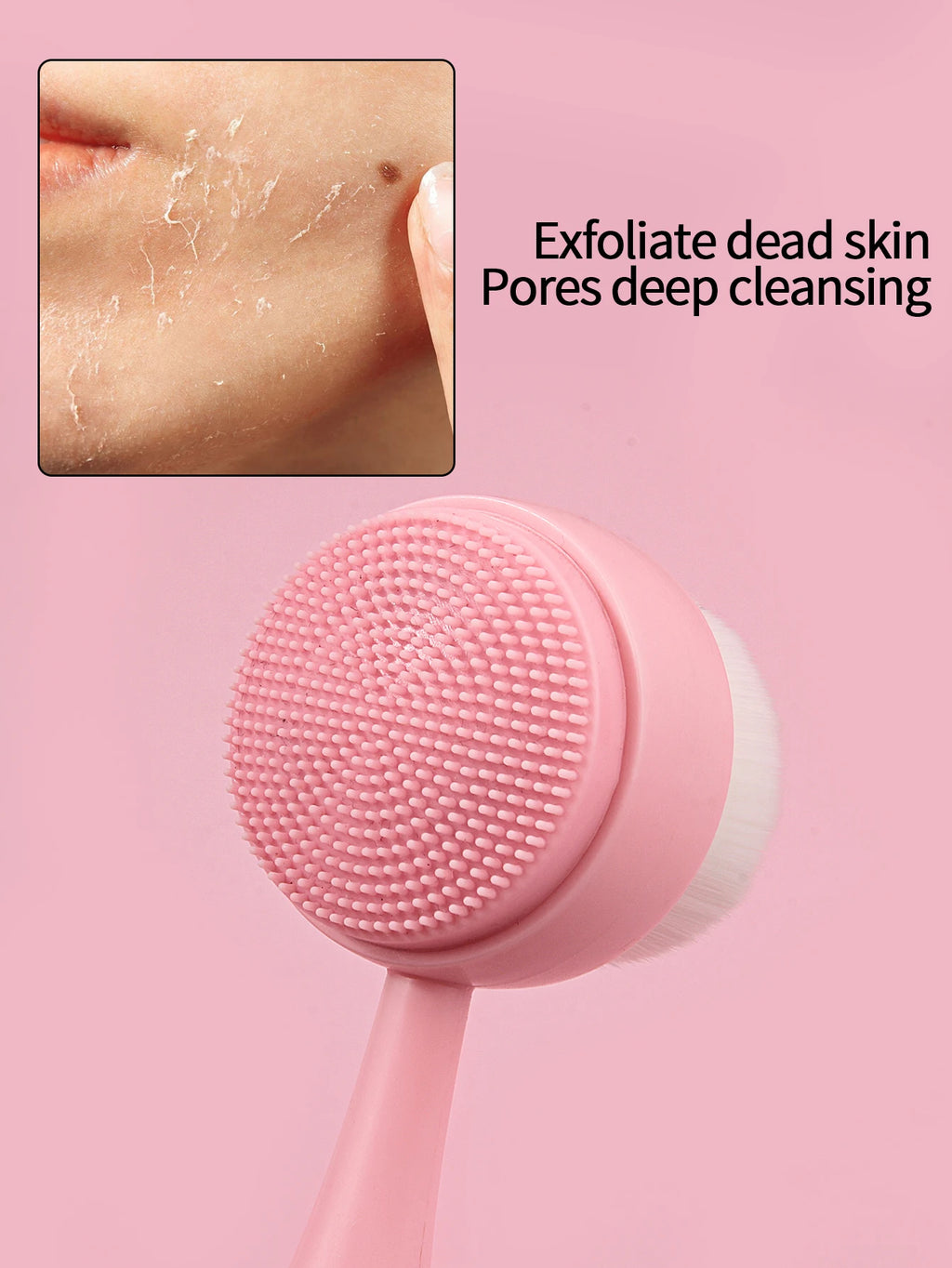 Pink handheld silicone facial cleansing brush for deep pore cleansing, makeup removal, and exfoliating dead skin.