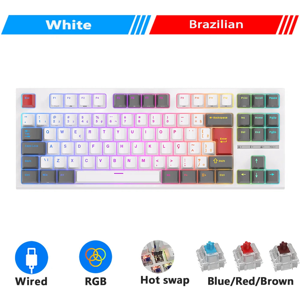 RK ROYAL KLUDGE R87 Wired Brazilian Gamer Keyboard 87 Key RGB Backlit Hot-swappable Mechanical Keyboard Customised Keycaps