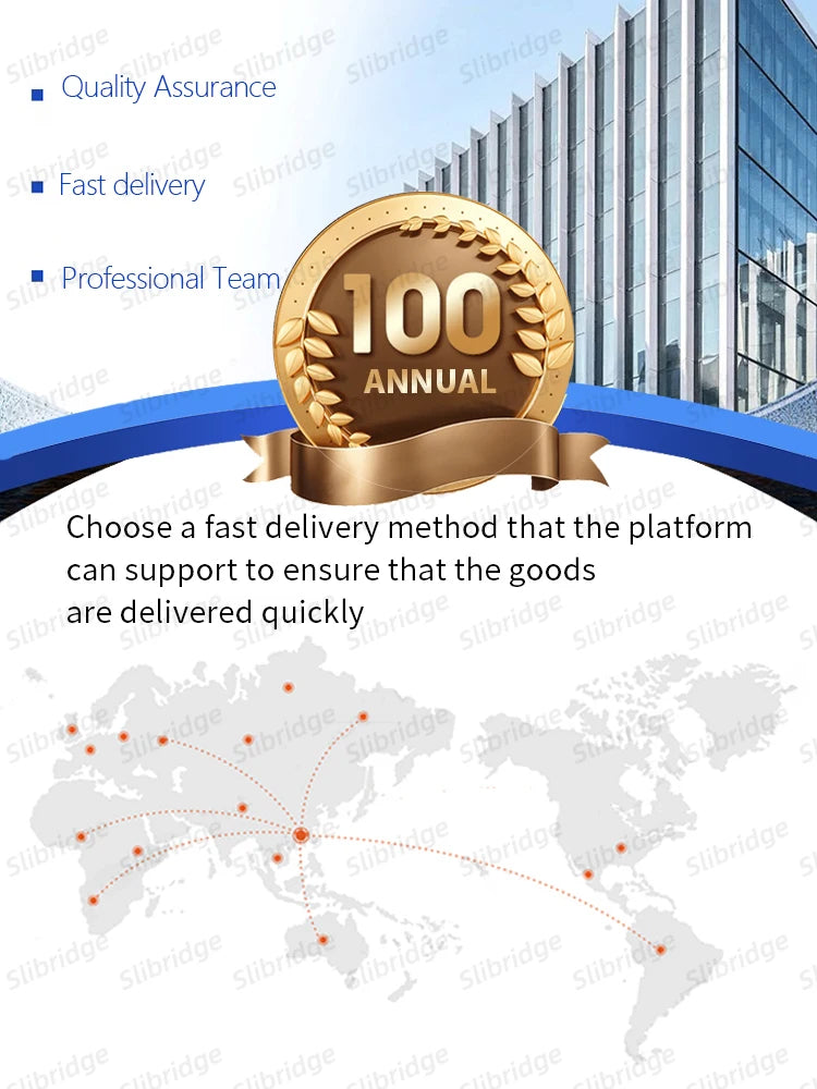 Business infographic featuring a golden "100 Annual" emblem, a global logistics map, and fast shipping text.
