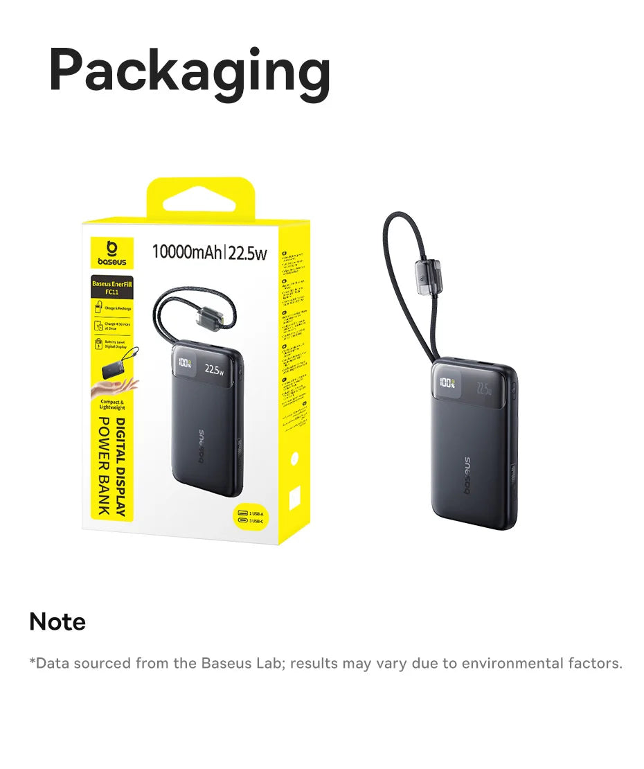 Portable Charger 10000mAh 22.5W Fast Charging Power Bank with Built-in Cables Tidesmit