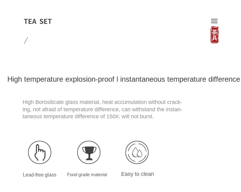 Heat-resistant borosilicate glass tea set, lead-free, food-grade, and explosion-proof for safe brewing.