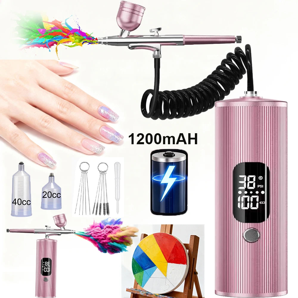 Pink portable airbrush nail kit with 1200mAh compressor, digital display, 20cc/40cc cups for nail art and cake decor.