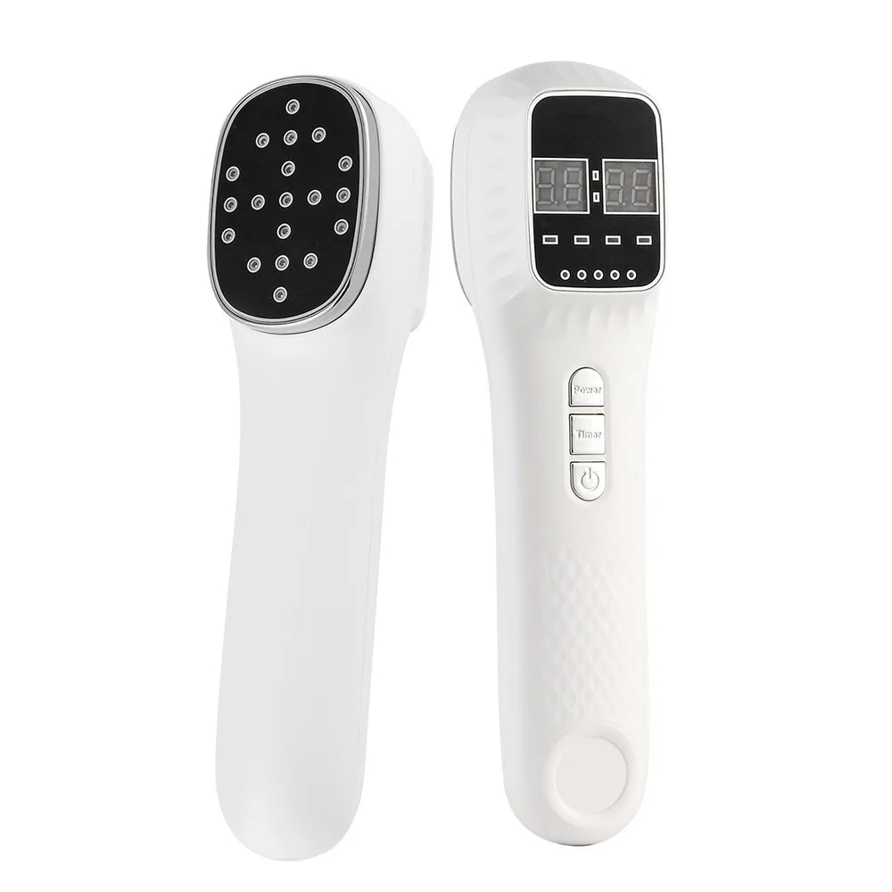 Two white handheld infrared light therapy devices with digital displays, control buttons, and 15 LED treatment heads.