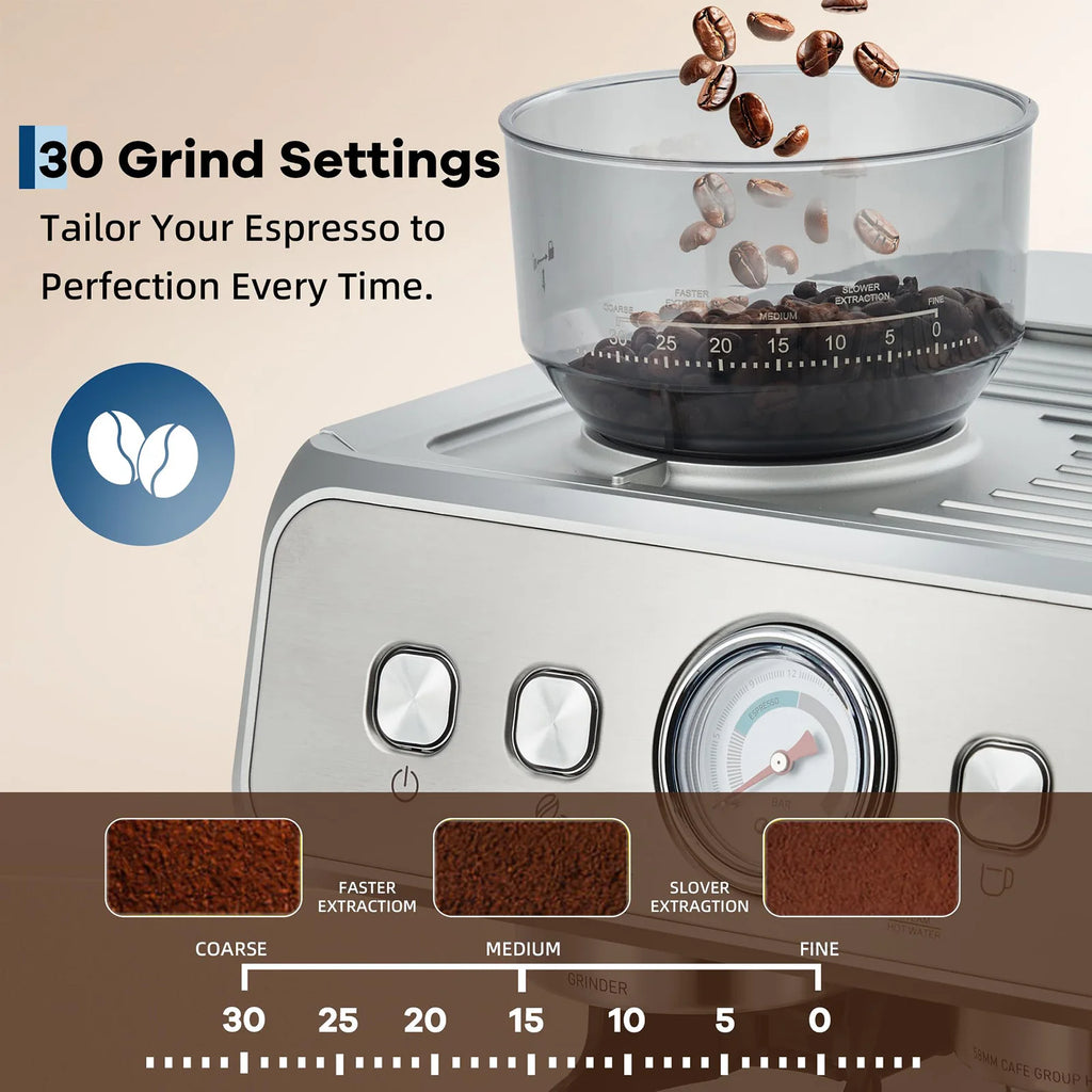 Silver espresso machine with 30-setting bean hopper, pressure gauge, and adjustable grind settings for home brewing.