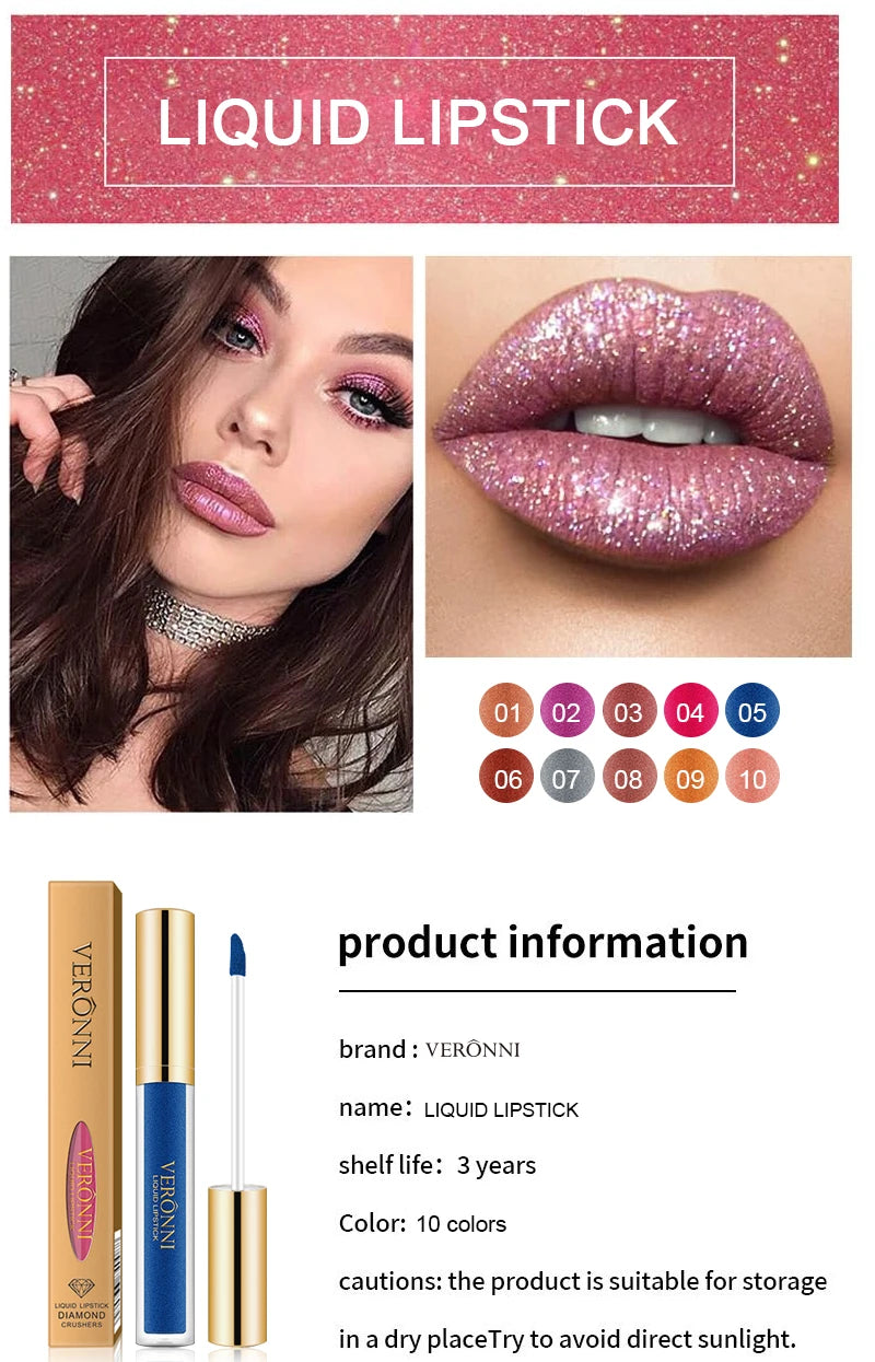 Waterproof diamond shimmer liquid lipstick in 10 colors, featuring high-pigment glitter finish and long-wear application.