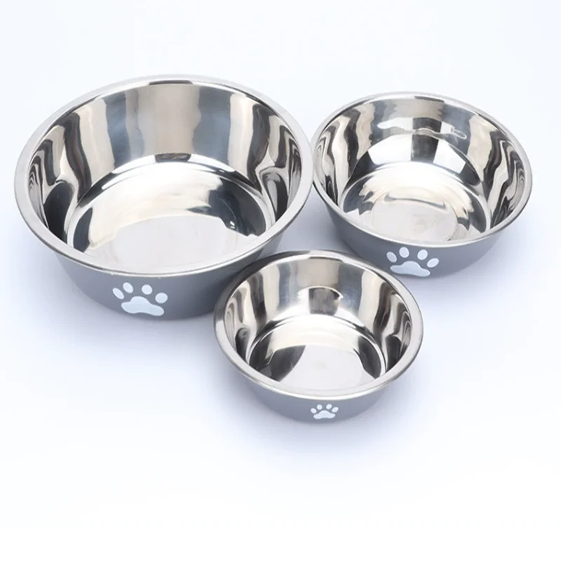 Anti-slip stainless steel pet bowls with paw print design for dogs and cats. Durable, rust-resistant, easy-clean feeders.