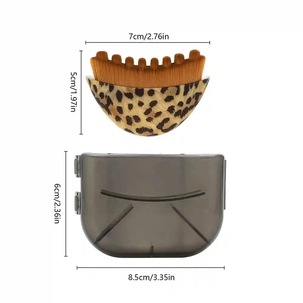 Leopard-print contour face brush with soft bristles and a translucent grey protective storage case, showing dimensions.