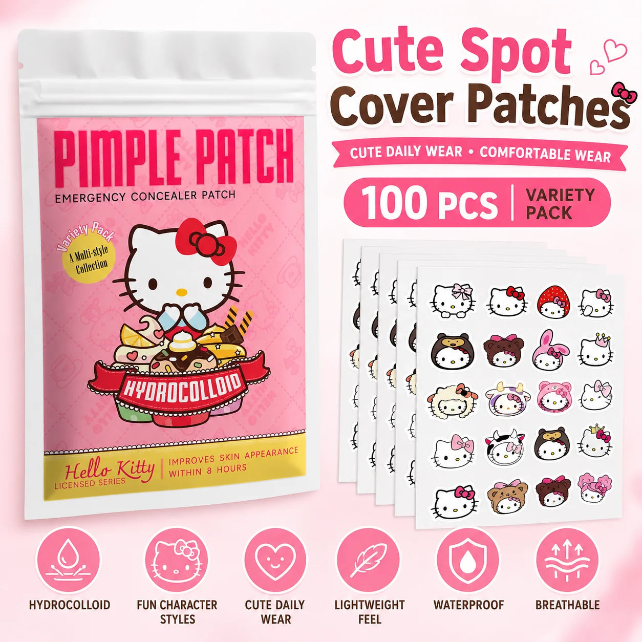 100PCS hello kitty Acne patches, facial acne patches, hydrogel acne removal patches, concealer