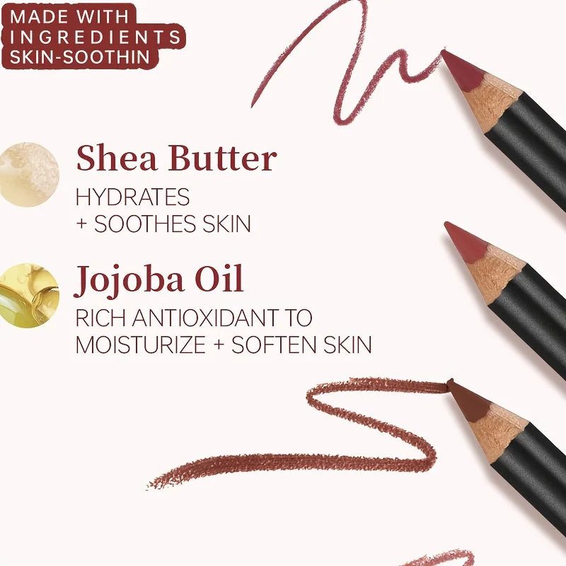 PUDAIER waterproof matte lip liner pencils infused with shea butter and jojoba oil for smooth, long-wear application.