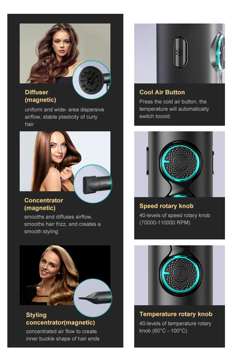 VGR V-401 professional hair dryer with magnetic attachments, 110K RPM brushless motor, and heat/speed control dials.