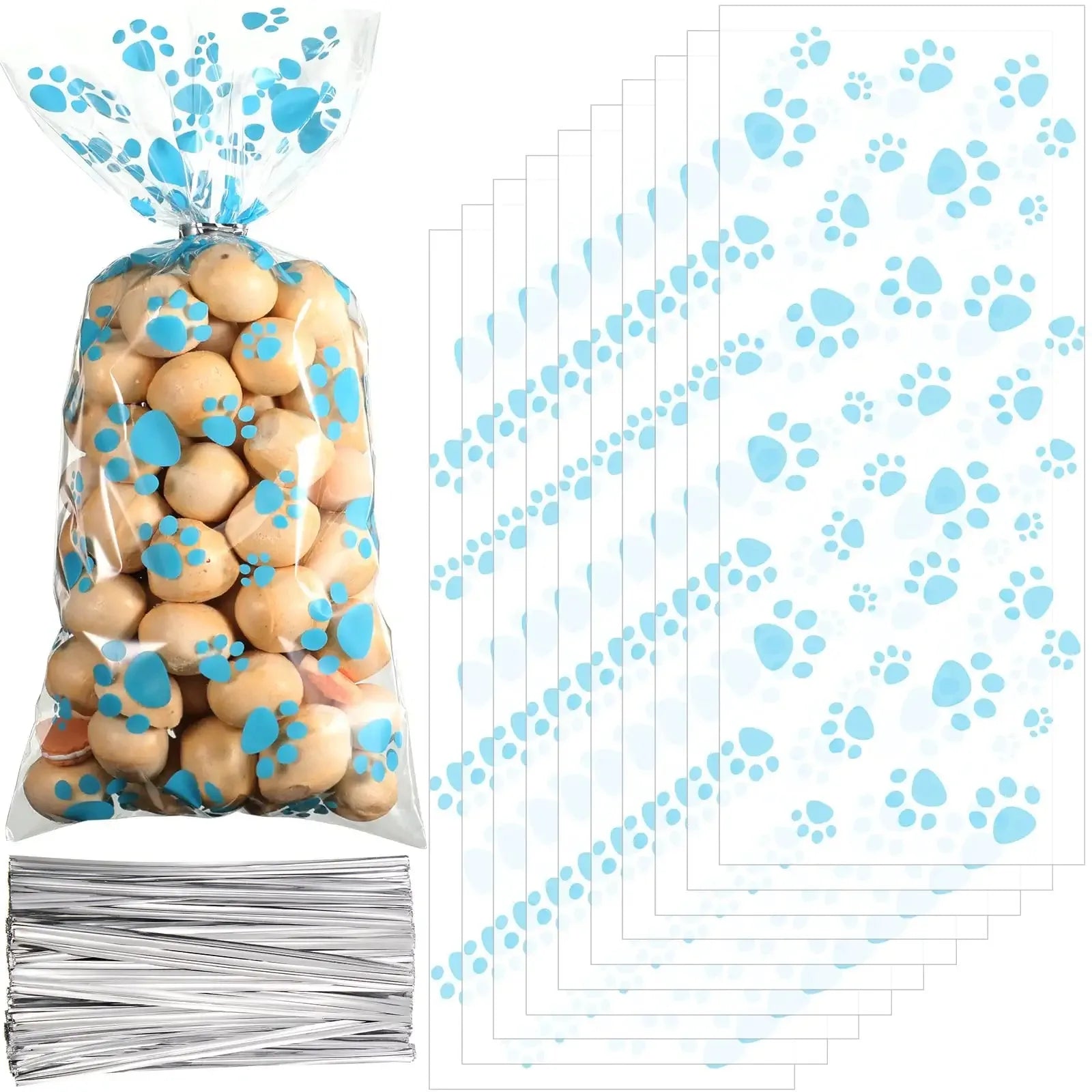 Blue paw print cellophane bags with ties for pet party favors and treat storage. Heat-sealable gift bags for dog birthdays.
