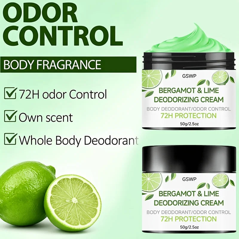 Tidesmit GSWP Bergamot & Lime Deodorant Cream for 72-hour all-over body odor control, 50g or 100g jar.