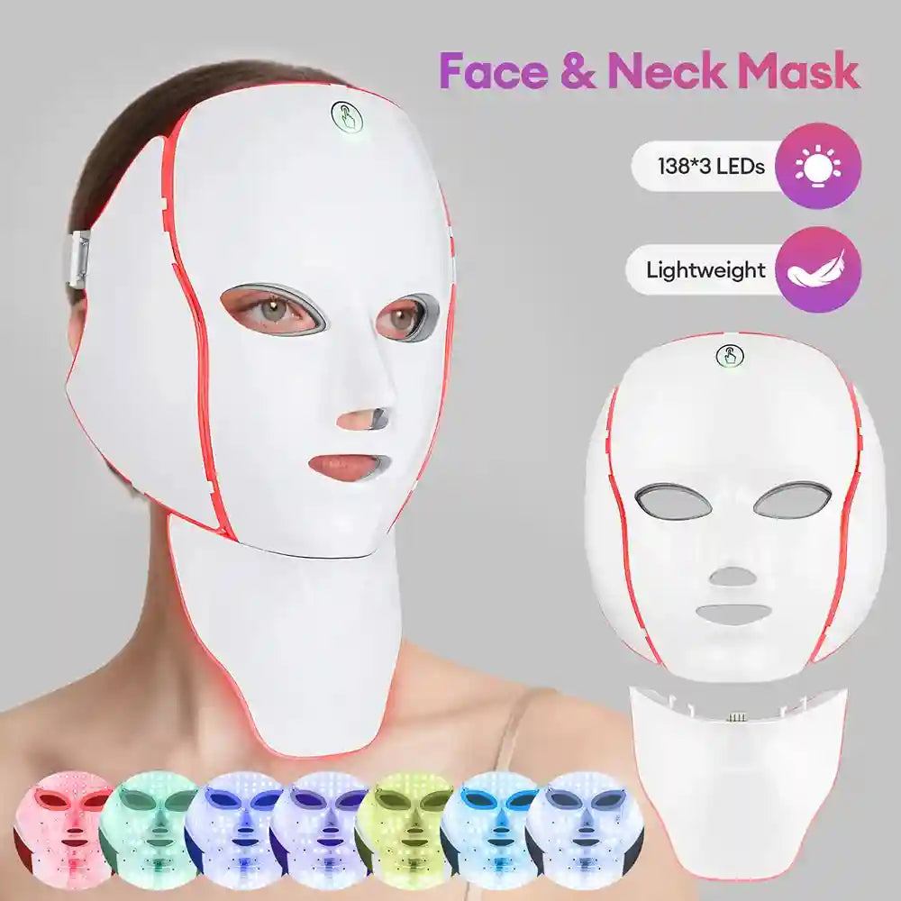 7 Color LED Facial Mask with Neck Light for Skin Rejuvenation Therapy Massage Cushion Tidesmit