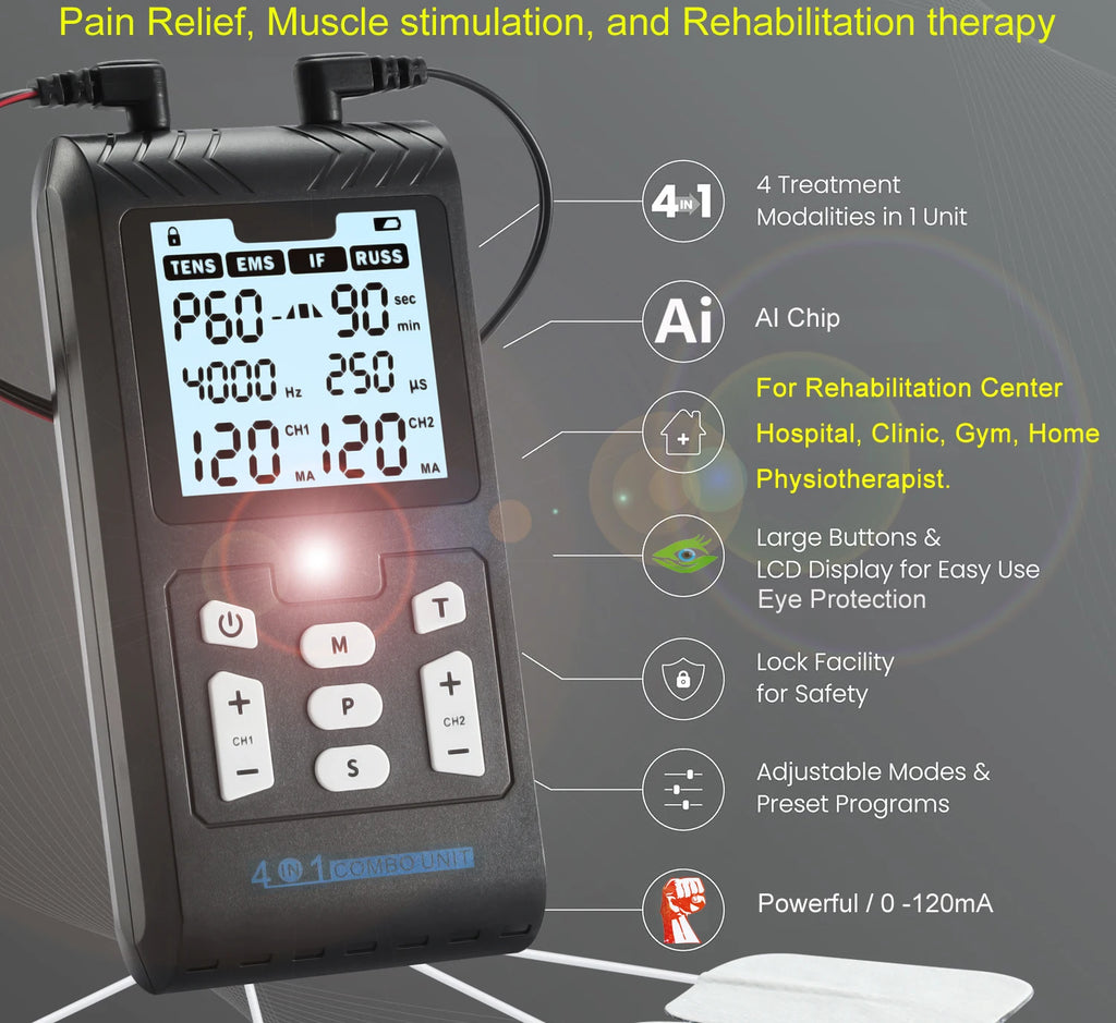 Portable 4-in-1 IFT RUSS EMS muscle stimulator with LCD screen, adjustable therapy modes, and safety lock for home use.
