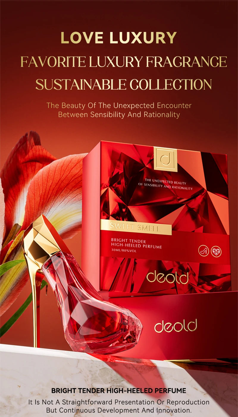 Deold High-Heel 30ml EDP: Floral luxury perfume for women in a red stiletto bottle. Long-lasting, elegant gift scent.