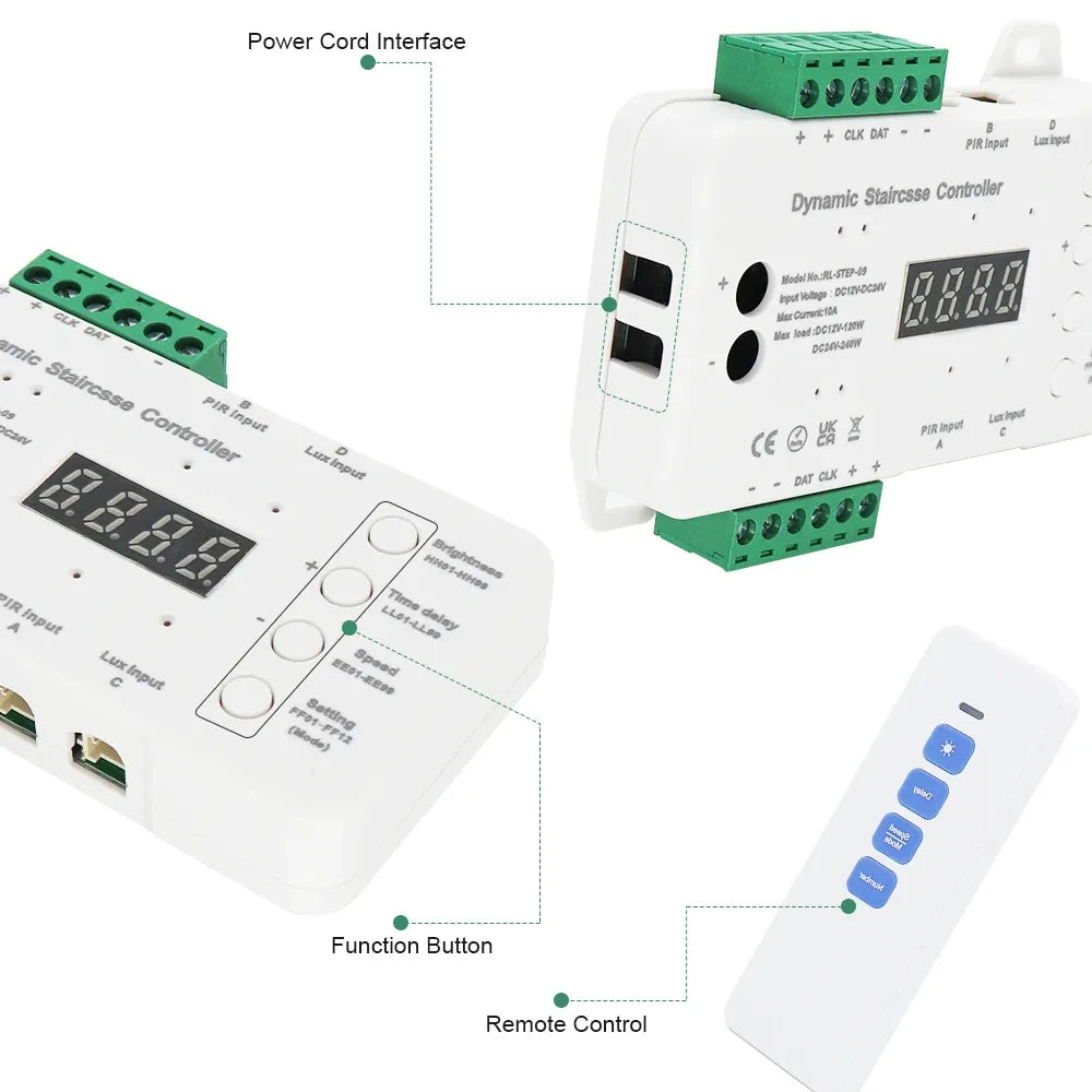 Dynamic staircase controller with green terminal block and included remote control