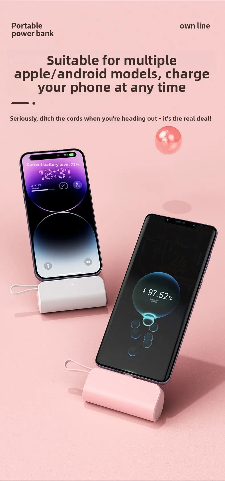 Portable Charger 5000mAh with Built-in Cable - Compact Fast Power Bank Tidesmit