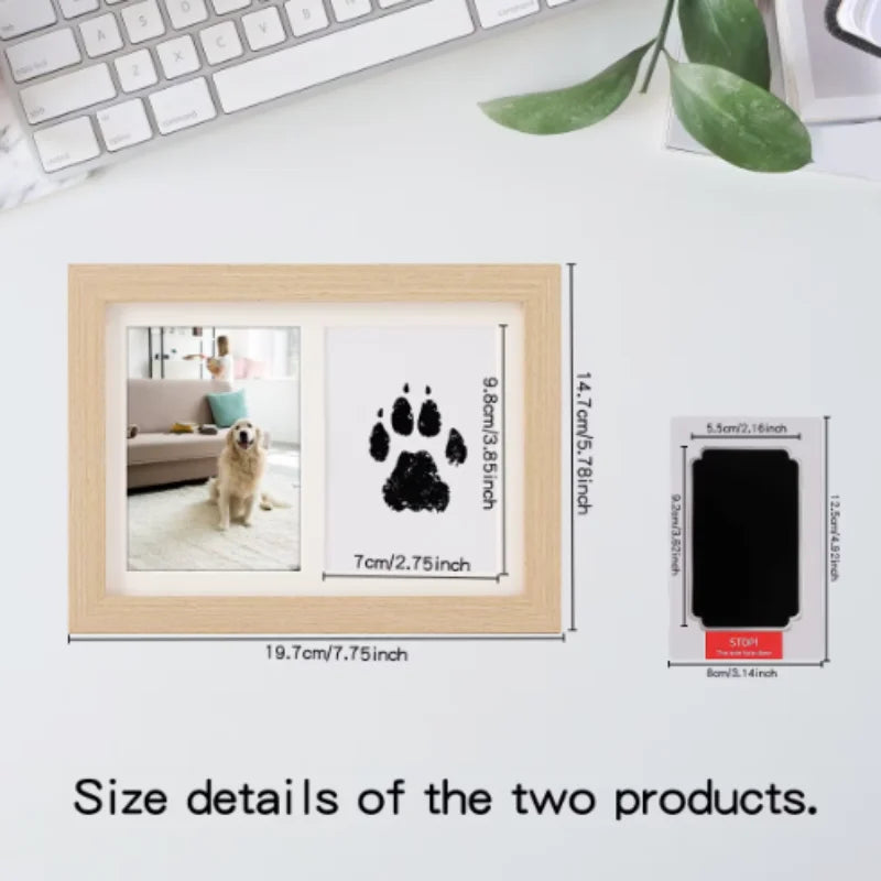 Non-toxic inkless ink pad kit for pet dog paw prints with wooden keepsake photo frame, safe for newborns and pets.