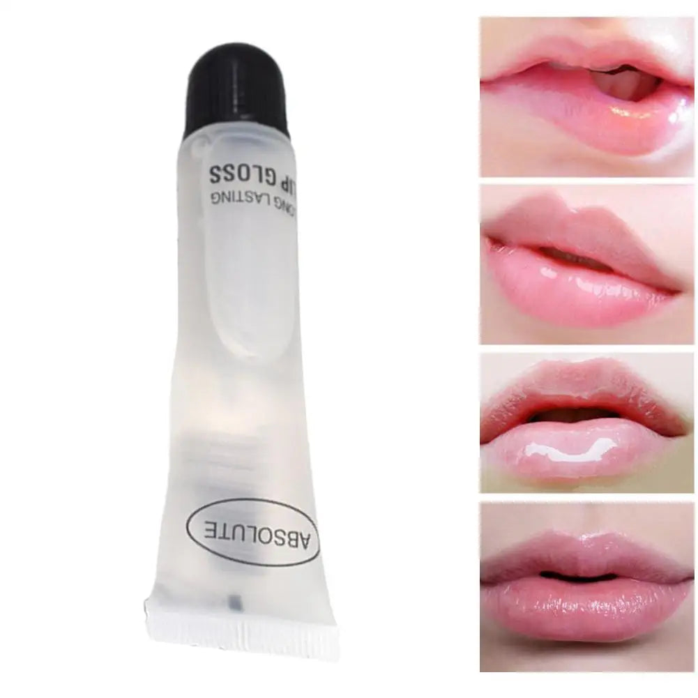 Clear hydrating lip gloss in a squeeze tube with a smoothing, plumping, long-lasting finish on glossy, moisturized lips.
